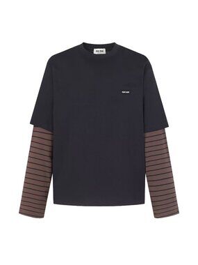 Miu Miu Black Tee with Brown Striped Long Sleeves
